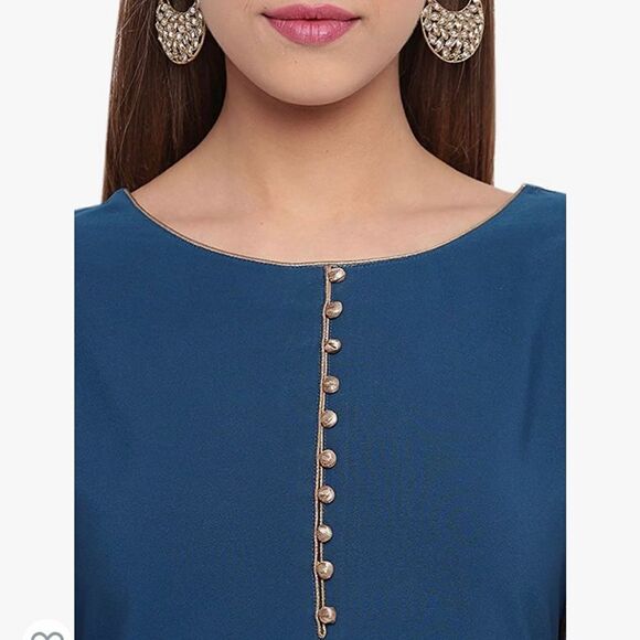 Janasya Indian Women's Teal Poly Crepe Kurti With Palazzo - Picture 8 of 8